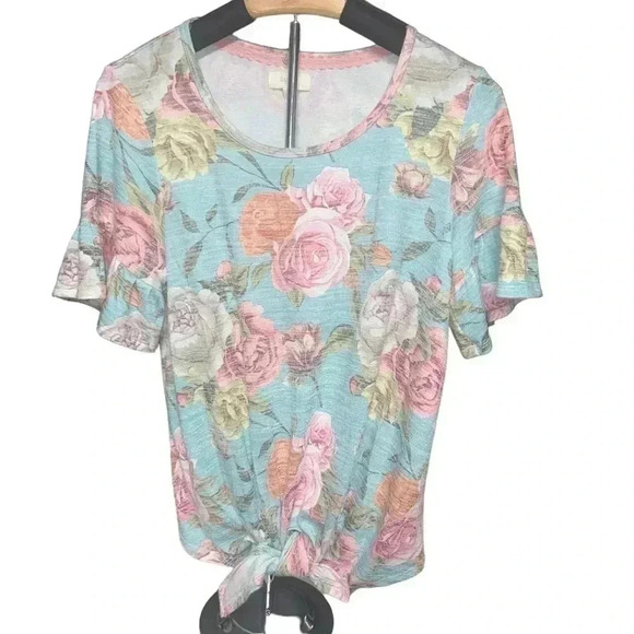 Cupio Floral Knit Top. Size L. Front Knot w Bell Short Sleeves. Blue Casual. - Picture 1 of 7